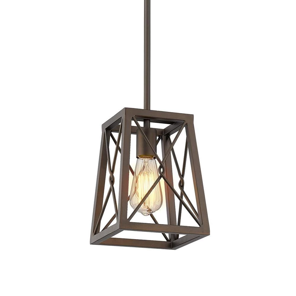 1-Light Farmhouse Oil Rubbed Bronze Finish Cage Pendant Light with Metal Shade by JAZAVA 1 1-Light Farmhouse Oil Rubbed Bronze Finish Cage Pendant Light with Metal Shade by JAZAVA