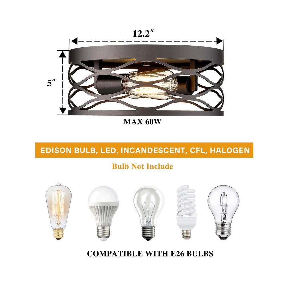 12 in. 2-Light Metal Cage Oil Rubbed Bronze Flush Mount by JAZAVA 4 12 in. 2-Light Metal Cage Oil Rubbed Bronze Flush Mount by JAZAVA - Image 4