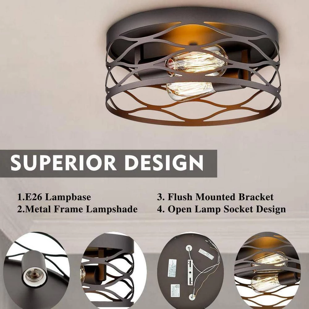 12 in. 2-Light Metal Cage Oil Rubbed Bronze Flush Mount by JAZAVA 3 12 in. 2-Light Metal Cage Oil Rubbed Bronze Flush Mount by JAZAVA - Image 3