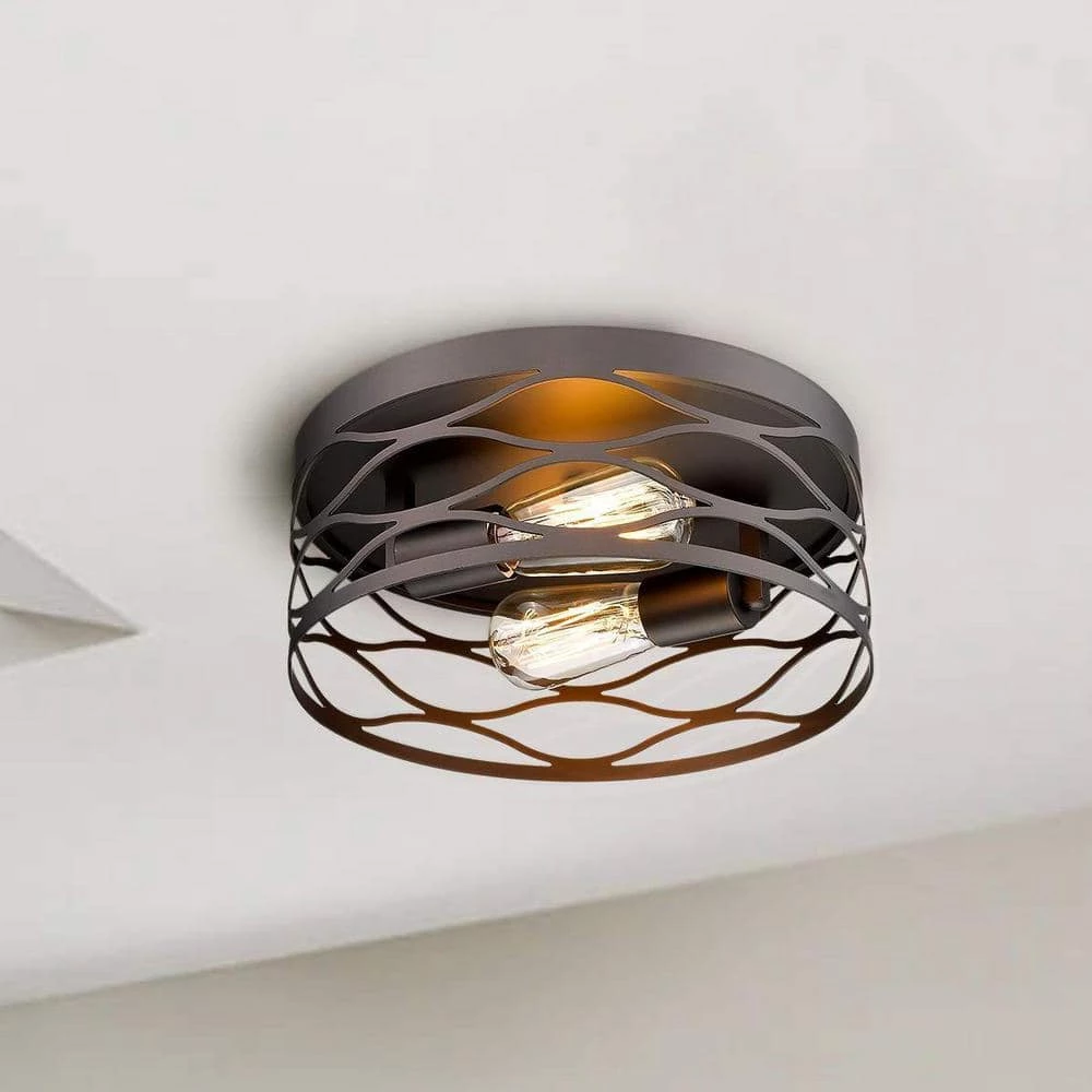 12 in. 2-Light Metal Cage Oil Rubbed Bronze Flush Mount by JAZAVA 2 12 in. 2-Light Metal Cage Oil Rubbed Bronze Flush Mount by JAZAVA - Image 2