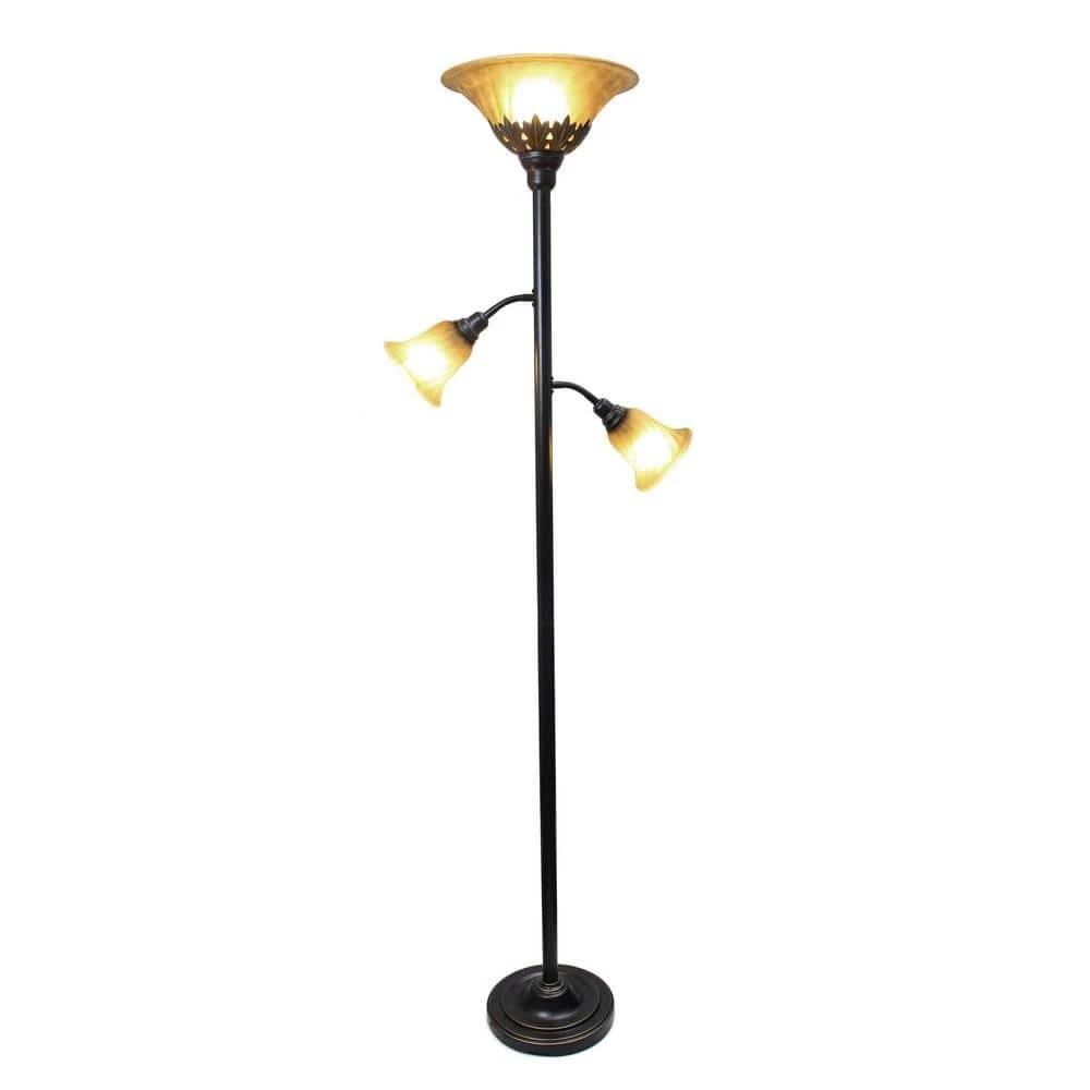 71 in. 3 Light Restoration Bronze Floor Lamp with Scalloped Glass Shades by Elegant Designs 2 71 in. 3 Light Restoration Bronze Floor Lamp with Scalloped Glass Shades by Elegant Designs - Image 2