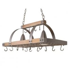 2-Light Brushed Nickel Accents Kitchen Wood Pot Rack with Downlights by Elegant Designs